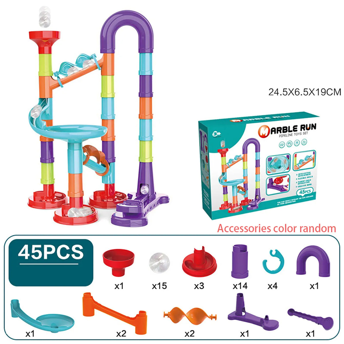 A set of colorful marble run building blocks including vertical tracks, ramps, and various accessories.