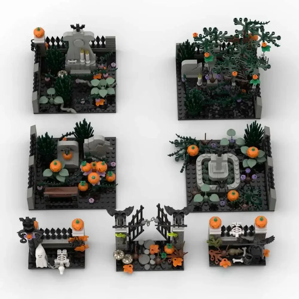 A set of haunted house building blocks featuring various spooky elements like trees, pumpkins, and graveyard scenes.
