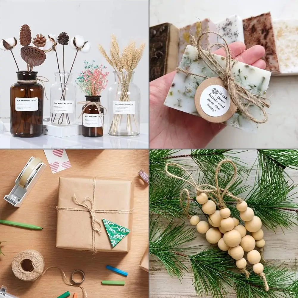 Natural jute twine tied with dried flowers and greenery for crafting and gift wrapping