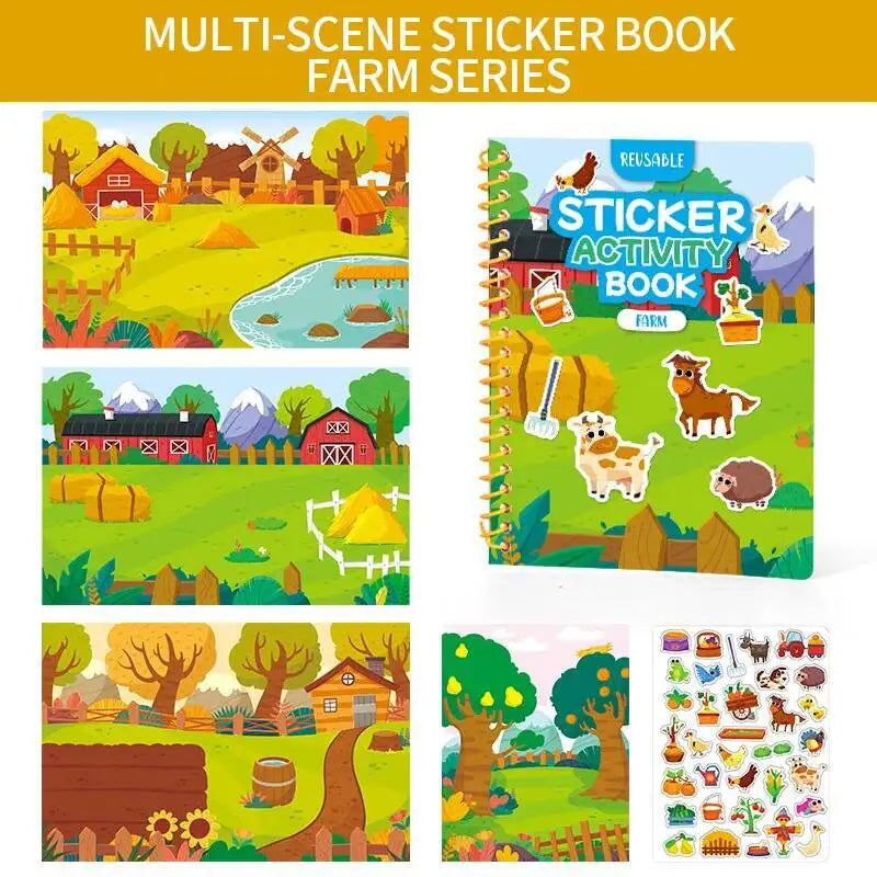 A colorful multi-scene sticker book featuring farm animals and scenes for kids' activity.