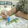 A child is using a paintbrush to color a drawing in a book, demonstrating improved brush control and painting skills.