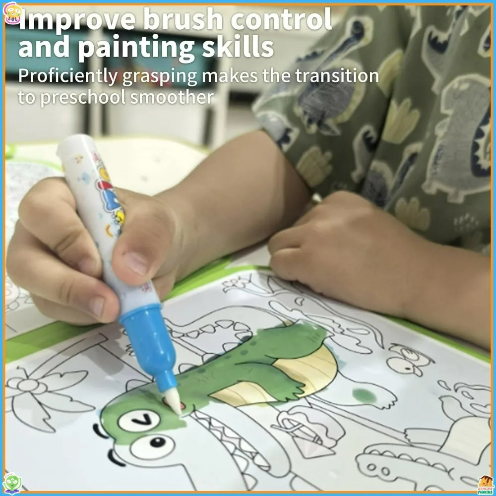 A child is using a paintbrush to color a drawing in a book, demonstrating improved brush control and painting skills.