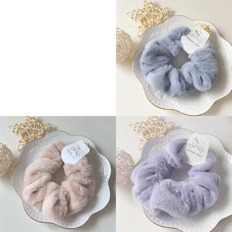 Plush Knit Scrunchie Hair Ties with Leather Accent