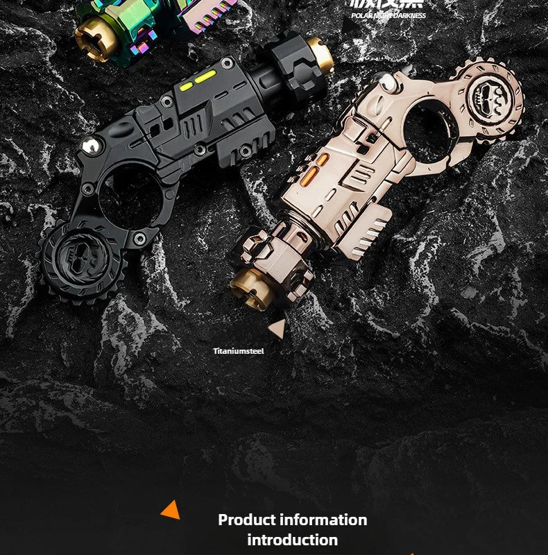 A set of titanium steel toy pistols and fidget spinners displayed on a dark, textured surface.