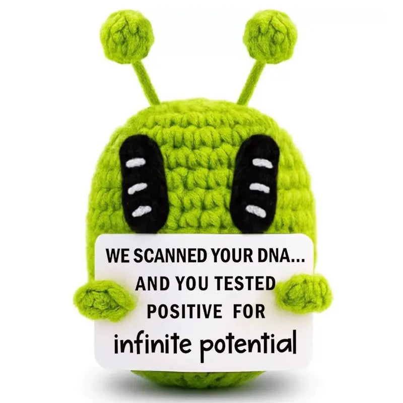 Handmade crochet positive alien pocket hug gift in bright lime green
