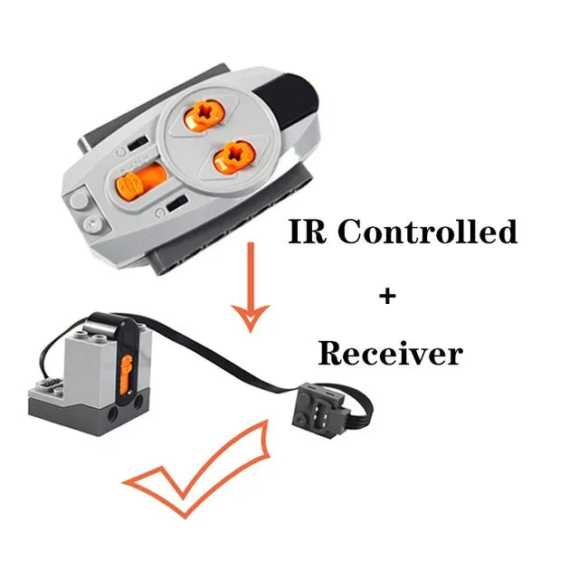 An IR controlled motor and servo set for building blocks with a receiver.