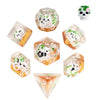 A set of polyhedral dice featuring a mushroom theme with white and green accents.