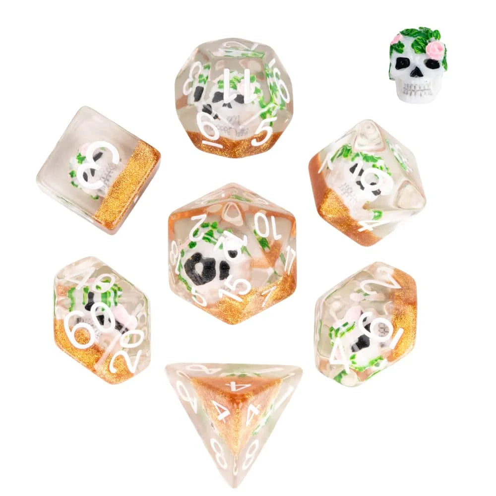 A set of polyhedral dice featuring a mushroom theme with white and green accents.