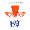 Orange foam basketball hoop with a net, suitable for sizes 3, 5, and 7 balls.