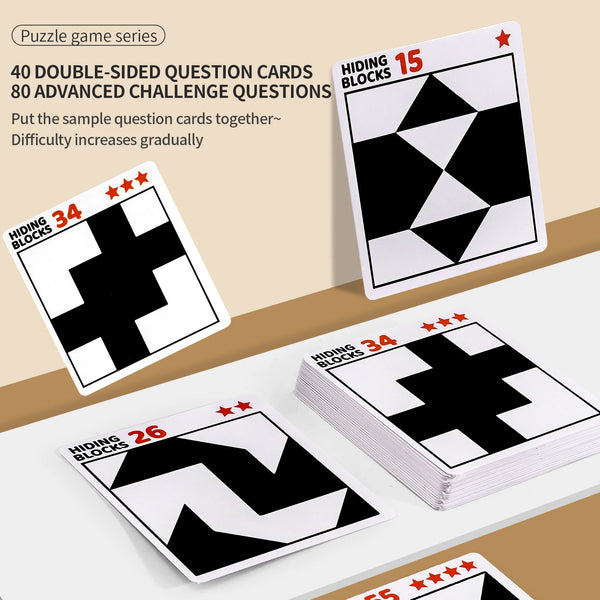 A set of puzzle game cards showing hiding blocks with increasing difficulty levels.