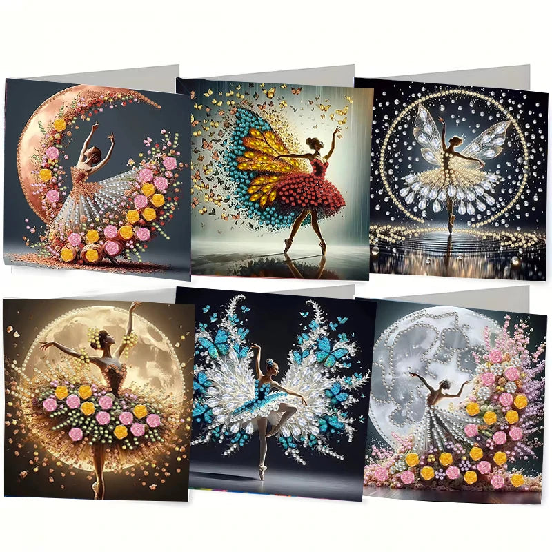 A set of diamond painting cards featuring female figures in elaborate floral and bird designs for a birthday card.