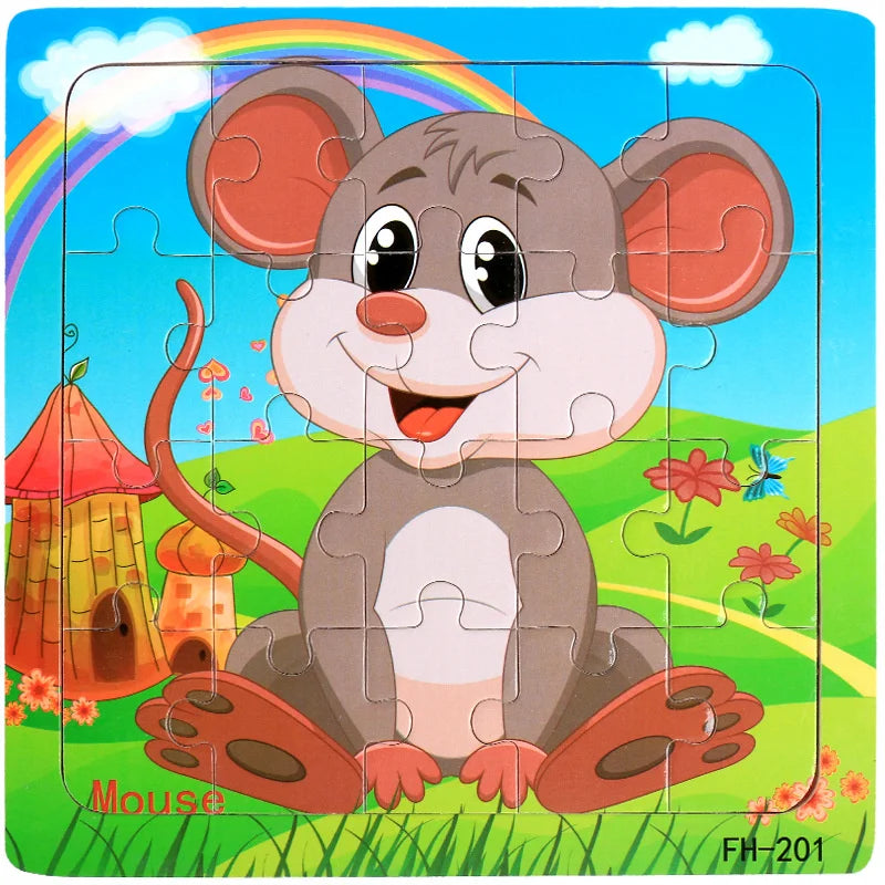 A jigsaw puzzle featuring a cute gray mouse character in a grassy field with colorful flowers and a rainbow background.
