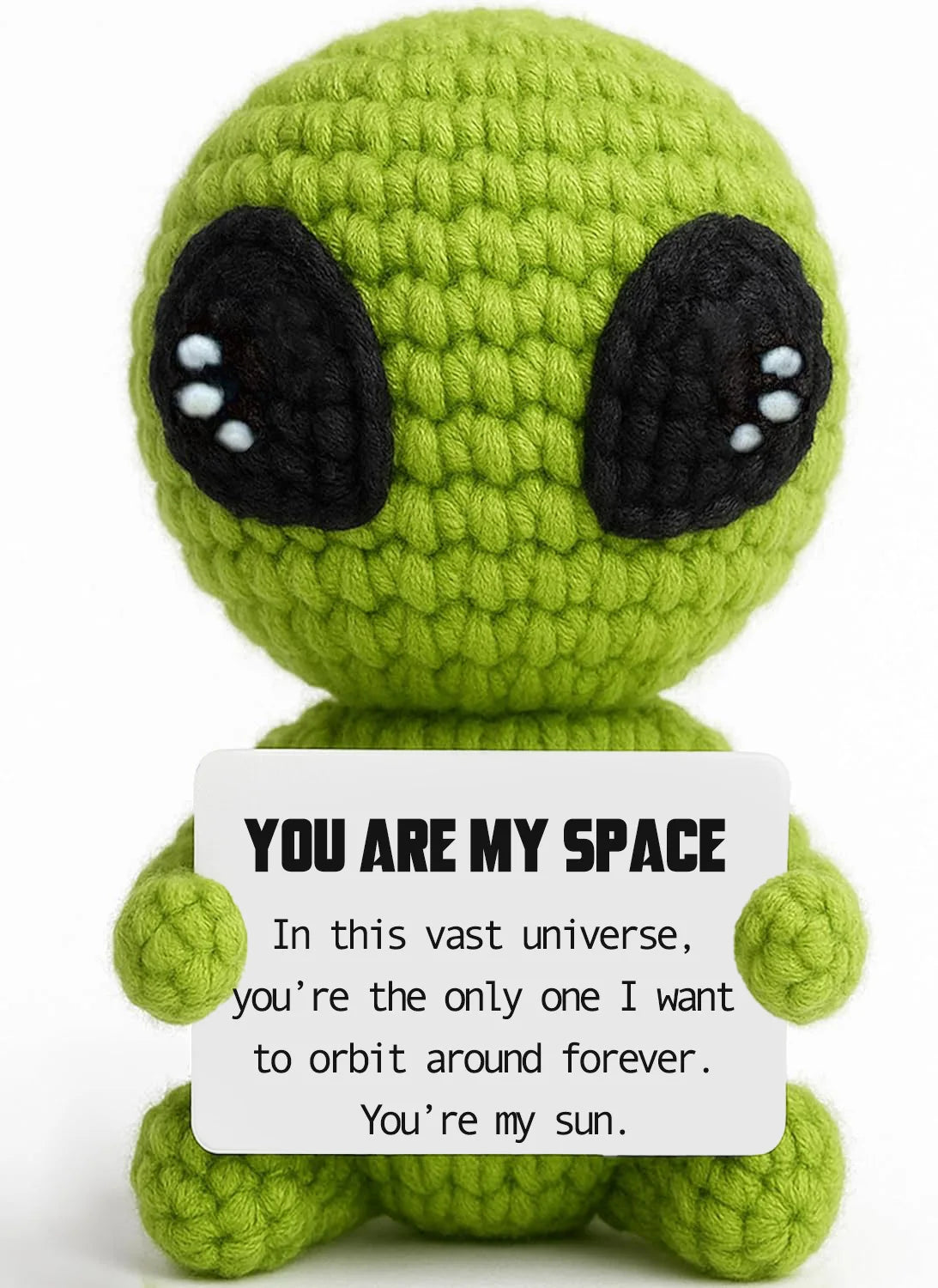 Handmade crochet positive alien pocket hug gift in bright lime green