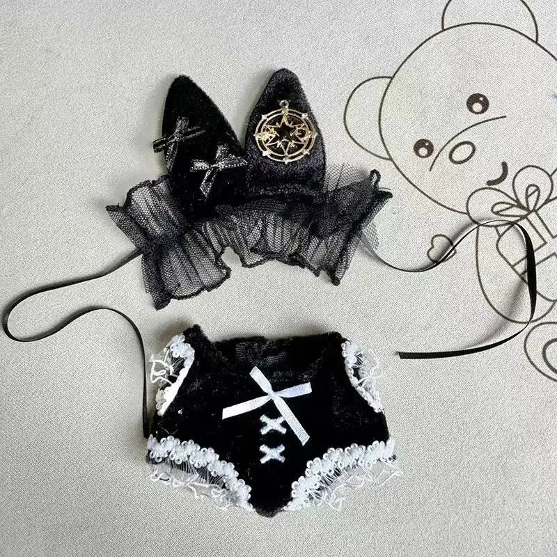 Black lace and velvet sling dress with a cross design for plush dolls