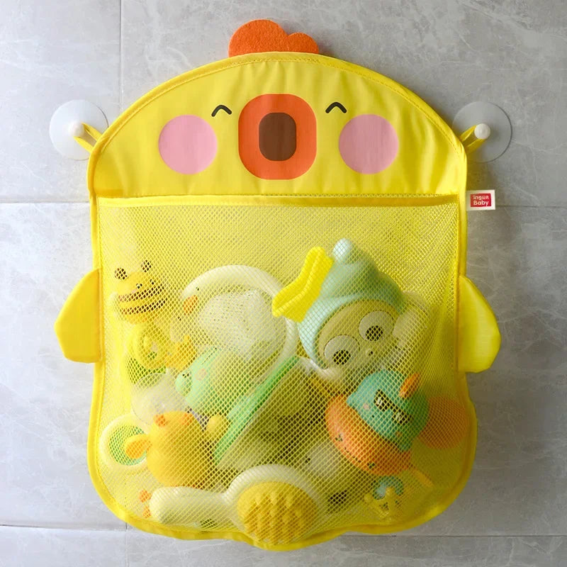 A yellow duck and frog toy storage bag with a suction cup on the top, filled with various soft toys.