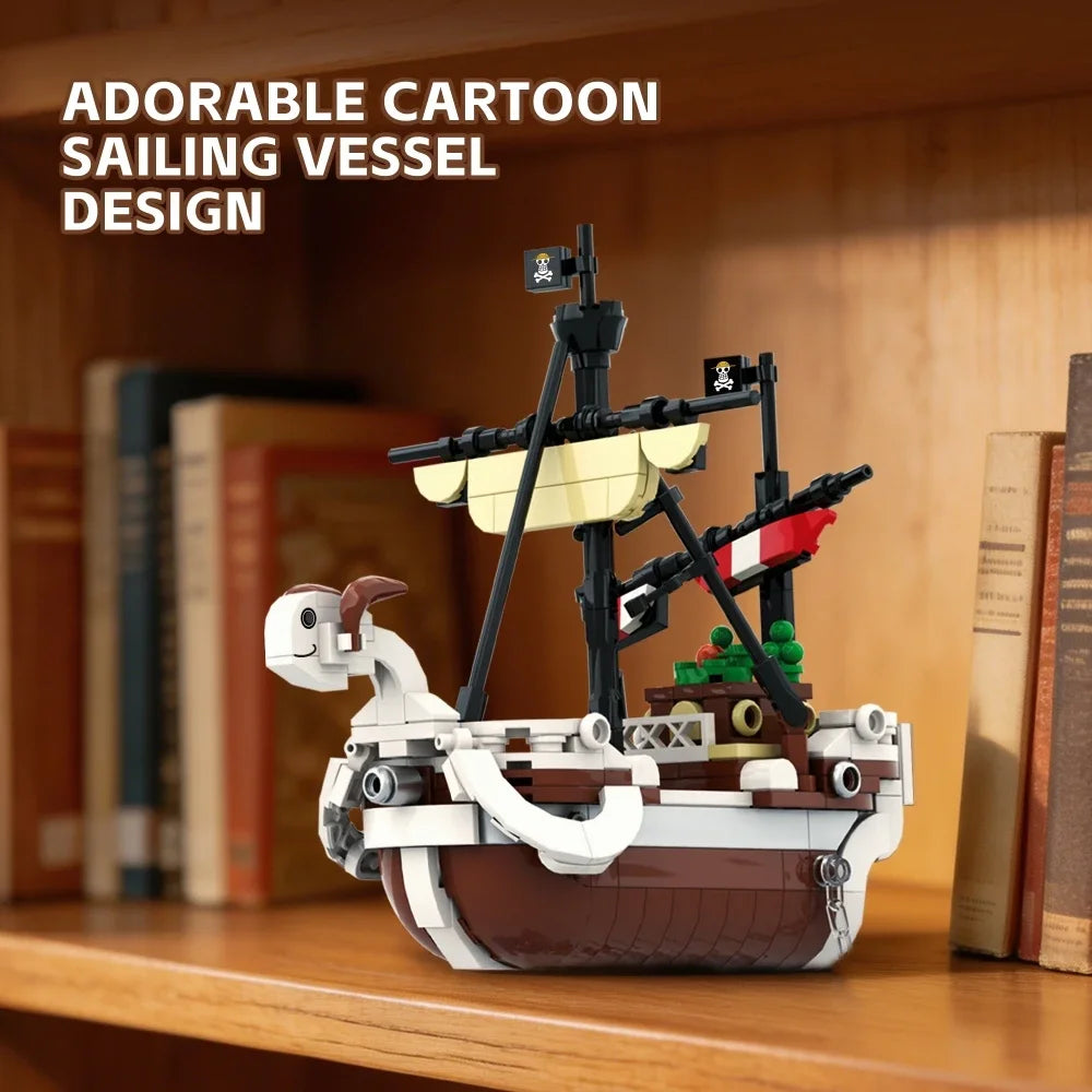 An adorable cartoon sailing vessel design built from pirate ship building blocks.