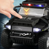 A hand points at a black SWAT City Police truck diecast toy with flashing lights.