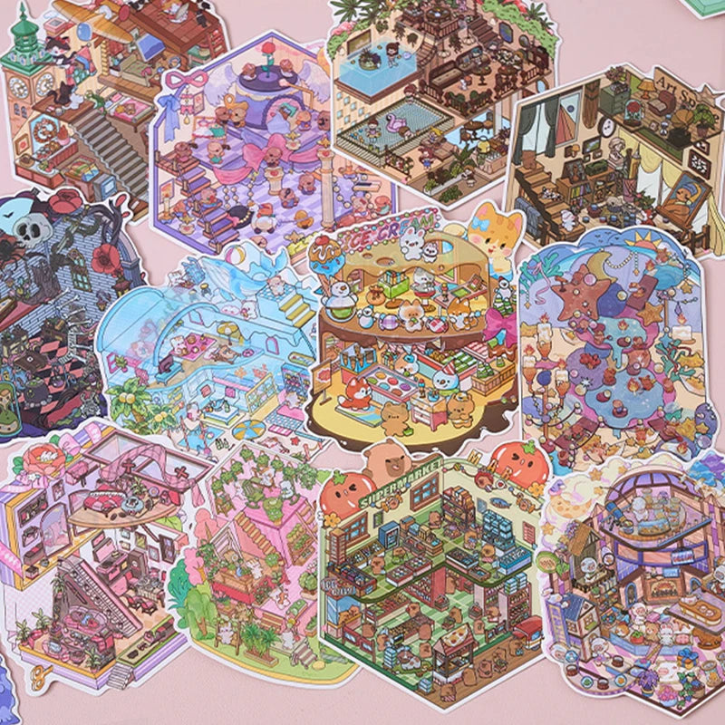 A collection of colorful cartoon mini town diorama stickers for scrapbooking and junk journals