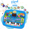 Tablette éducative bleue avec clavier et icônes d'apprentissage pour enfants.