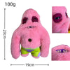A pink SpongeBob SquarePants plush toy with purple accents and a separate Patrick Star plush toy.