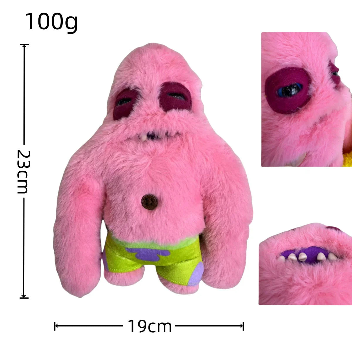 A pink SpongeBob SquarePants plush toy with purple accents and a separate Patrick Star plush toy.