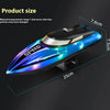 A black and blue RC speedboat toy is shown from above, with dimensions marked.