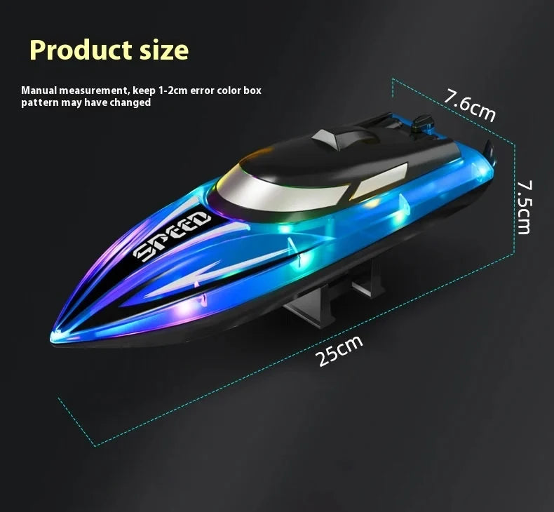 A black and blue RC speedboat toy is shown from above, with dimensions marked.