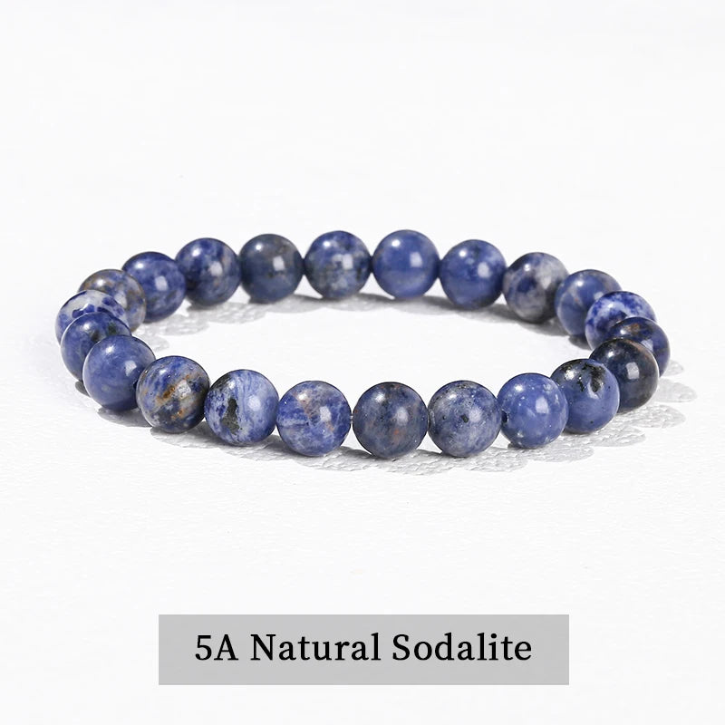 A bracelet made of 5A Natural Sodalite beads in various shades of blue and gray.