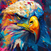 Vibrant oil painting of a close-up eagle's head with intense yellow and blue feathers against a colorful background.