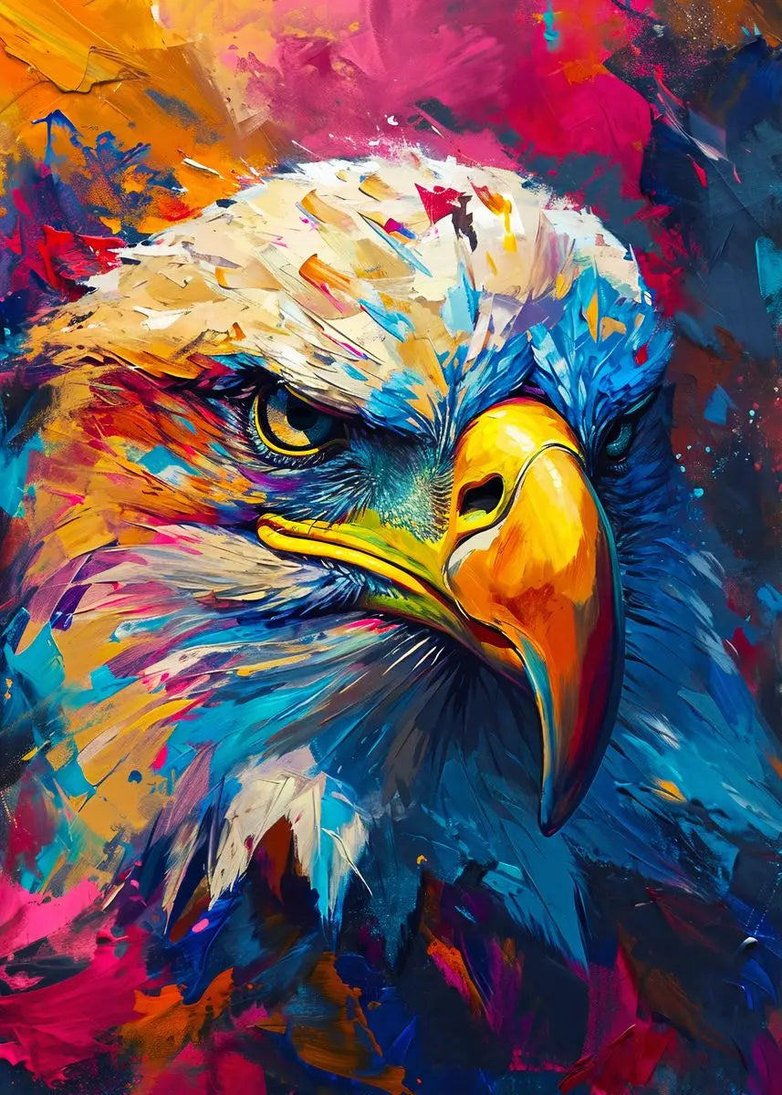 Vibrant oil painting of a close-up eagle's head with intense yellow and blue feathers against a colorful background.