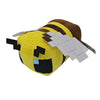 A yellow and brown plush toy resembling a bee with black markings and white wings.