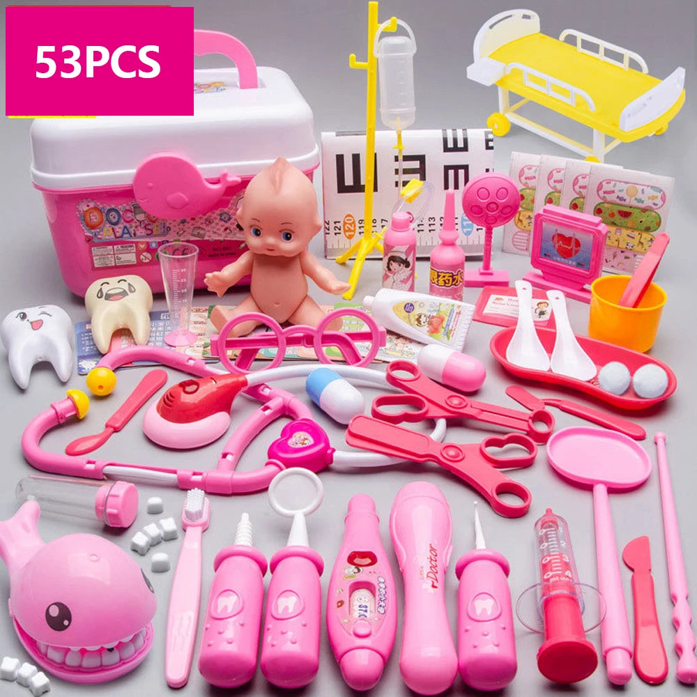 A pink and white kids doctor pretend play medical kit featuring various tools like stethoscopes, syringes, and plastic instru