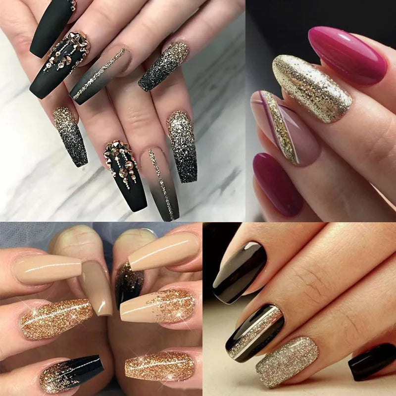 A collection of long acrylic nails showcasing various glitter finishes including gold, silver, and black designs.