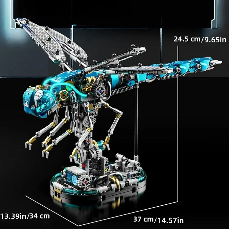 A detailed mechanical model of a dragonfly built from metal and plastic components.