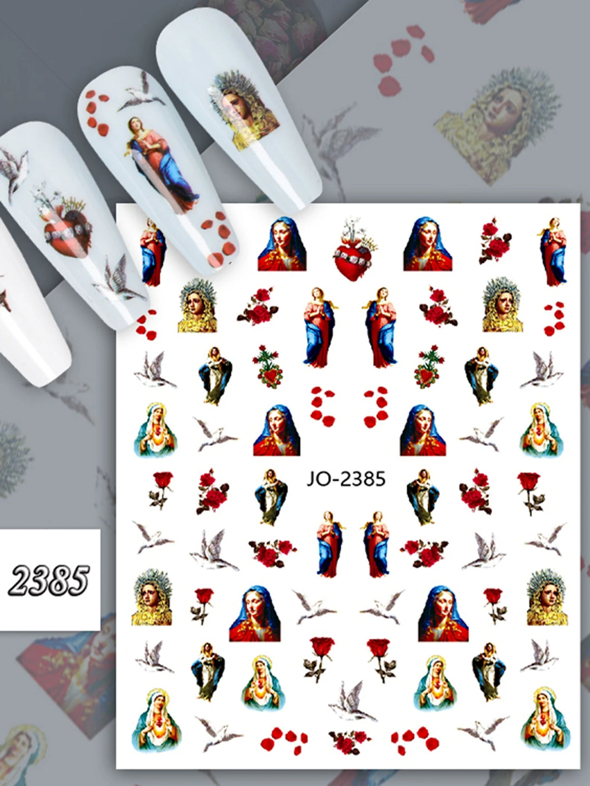 A collection of vintage angel and saint nail art stickers featuring cherubs, crosses, and religious figures.