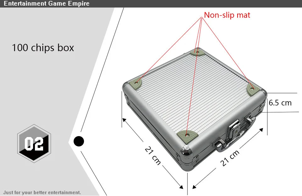 A silver aluminum poker chip carry box with a non-slip mat, shown from above.