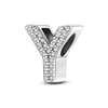 A sterling silver alphabet charm shaped like the letter Y, encrusted with cubic zirconia stones.