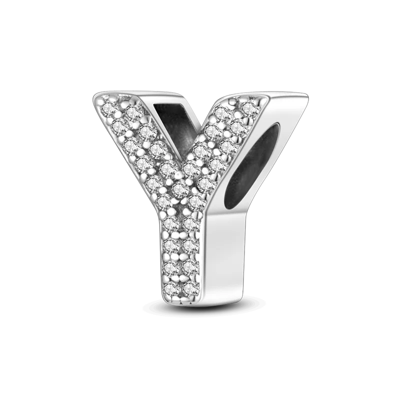A sterling silver alphabet charm shaped like the letter Y, encrusted with cubic zirconia stones.