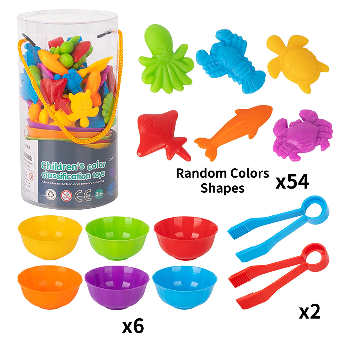 A set of colorful counting animal toys and sorting bowls for early math and color learning