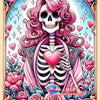 Diamond painting art of a skull woman tarot card featuring pink hair and roses.