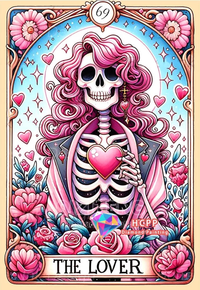 Diamond painting art of a skull woman tarot card featuring pink hair and roses.