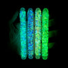 Six glow-in-the-dark diamond painting pens with interchangeable tips showing vibrant blue and green colors.