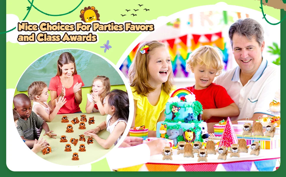 A family is preparing mini lion and tiger plush toys for party favors and class awards.