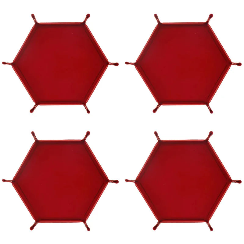 Red foldable PU leather hexagonal dice tray for tabletop games and desk organization