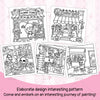 A set of four black and white line art coloring pages depicting a spooky Halloween coffee shop theme.
