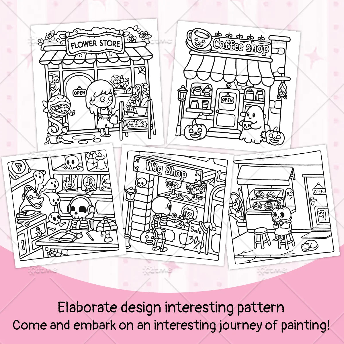 A set of four black and white line art coloring pages depicting a spooky Halloween coffee shop theme.