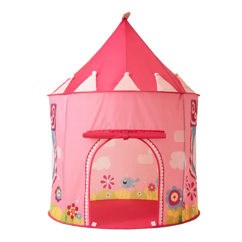 A pink rocket ship pop-up play tent for kids with a conical roof and decorative elements.