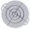 A gray silicone spill stopper lid with measurement markings for pots and pans.