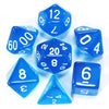 A collection of blue acrylic dice, including a d12, d20, and d6, scattered on a white surface.