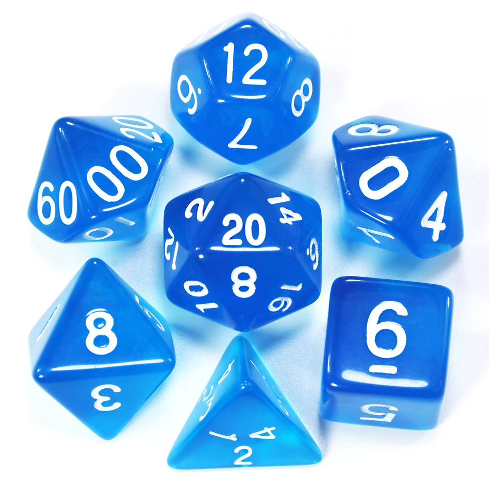 A collection of blue acrylic dice, including a d12, d20, and d6, scattered on a white surface.
